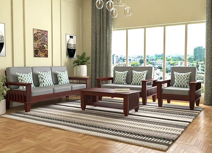 Image of KINGS HOME FURNITURE Sheesham Wooden 6 Seater Sofa for Living Room | Rosewood 6 Seater Cushion Sofa with Side Newspaper Holder for Home & Office (-Mahogany Finish,3+2+1 Seater)
