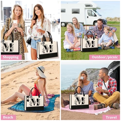 Image of Personalized Initial Canvas Tote Bag, Suitable for Birthday, Wedding, Beach, Holiday, Gifts for Women, Mom, Teachers, Nurses, Best Friends, Bridesmaids (M)