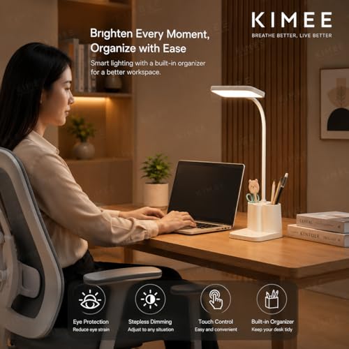 Image of Kimee Table Lamp for Study with Smart LED Display, Foldable Touch Light Desk Lamps with 3 Color Modes and Stepless Dimming, Desk Lamps with Phone Pen Holder (White)