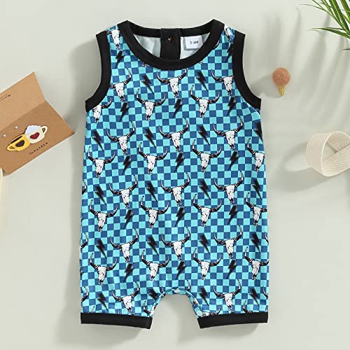 Thefound Western Baby Boys' One-Piece Rompers Cow Head/Cowboy Hat Print Crew Neck Jumpsuits Summer Breathable Clothes (Blue Plaid, 9-12 Months) #TOP6