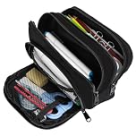 Euqvunn Black Pencil Case, Large Capacity Pen Case with 3 Compartments, Stationery Pouch for School & Office Supplies, Unisex