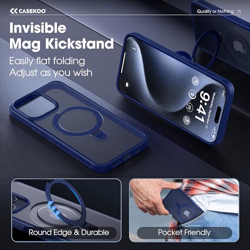 Image of CASEKOO Designed for iPhone 15 Pro Case with Magnetic Invisible Stand [Military Drop Protection] [Compatible with MagSafe] Shockproof Slim Translucent Matte Pro Case 6.1 Inch, Blue