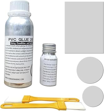 طقم لاصق القوارب القابل للنفخ Seamax PVC سعة 280 مل مع مادة رقعة رمادية مناسبة لـ SUP والأنابيب القابلة للقطر والطوافات وجيدة لقطع غيار القوارب وإصلاحات العارضة