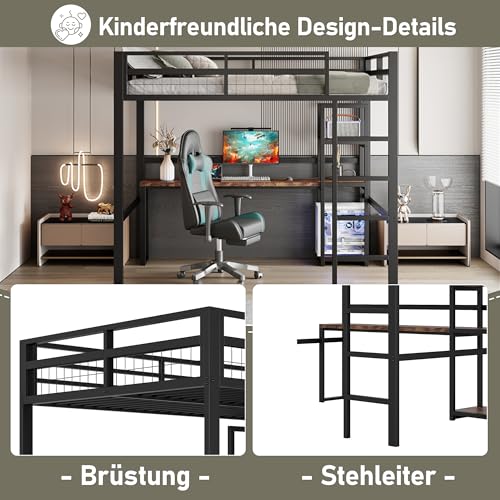 Merax Hochbett aus Metall, 140 x 200 cm, mit Schreibtisch und mehrere Einlegeböden, Steckdose, USB und Type-C - Bettgestell mit Lattenrost(ohne Matratze) für Kinder/Erwachsene, Schwarz – Bild 6