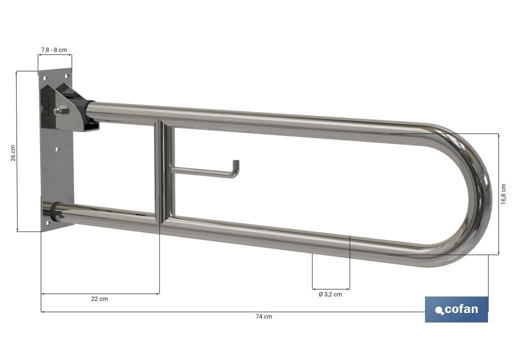 Cofan Barra de Apoyo Abatible Vertical con Accesorio para Papel Higiénico | Medida: 74 cm de largo y 3,2 cm de diámetro