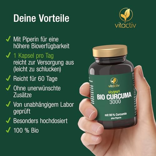 Vitactiv Natural Nutrition Bio Curcuma 3000 - Kurkuma hochdosiert - Curcuma Extrakt mit 95% Curcumin - Piperin für hohe Bioverfügbarkeit - Ohne Magnesiumstearat, Vegan-60 Curcuma Kapseln für 60 Tage