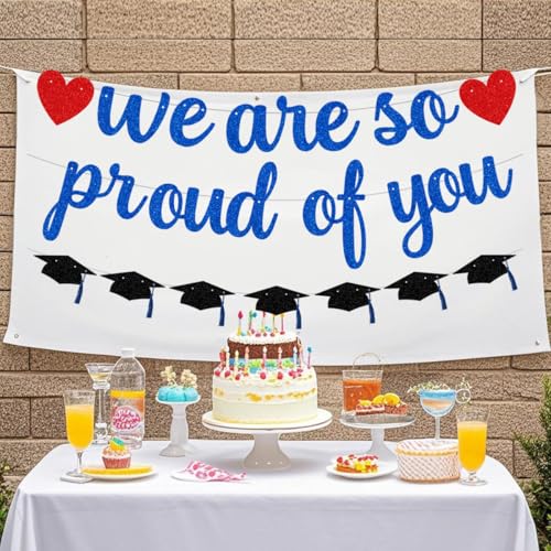 Image of Pre-Strung We Are So Proud of You Banner Garland for Veterans Day Congratulation Graduation Party, NO DIY Black and Blue Glittery Letter Hat Sign for School Classroom, Home Party