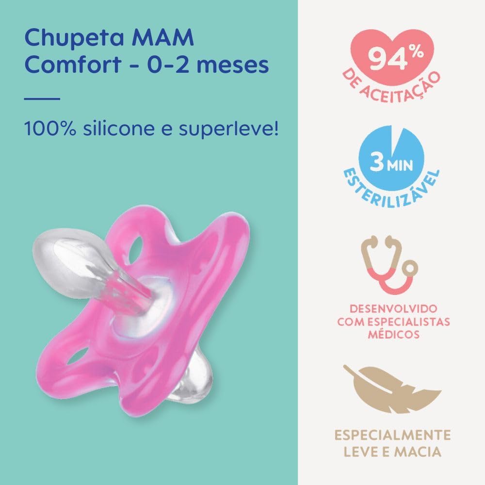 MAM Baby 1 Chupeta Comfort 100% Silicone para Crianças 0-2 Meses, Com Caixa Esterilizadora, Rosa MAM Baby 1 Chupeta Comfort 100% Silicone para Crianças 0-2 Meses, Com Caixa Esterilizadora, Rosa