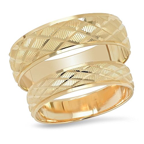 His and Hers Rings 14K Solid Yellow Gold Diamond Shape Design Bride and Groom Matching Wedding Band or Anniversary Set