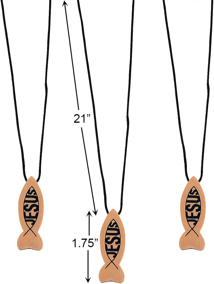 Fun Express Wooden Jesus Fish Necklaces Set - Religious Jewelry for Church VBS Sunday School Handouts & Faith-Based Events - Ideal for Spiritual Celebrations Religious Gifts and Worship - 12 Pieces