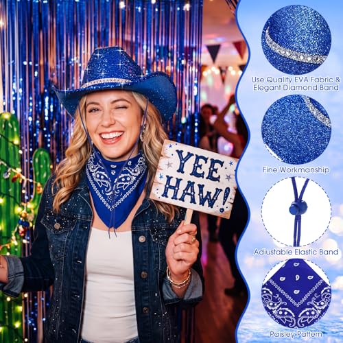 Image of Coume 12 Pcs Sparkly Adults Cowboy Hat and Bandanas Women Men Western Glitter Cowgirl Party Hats with Adjustable Drawstring