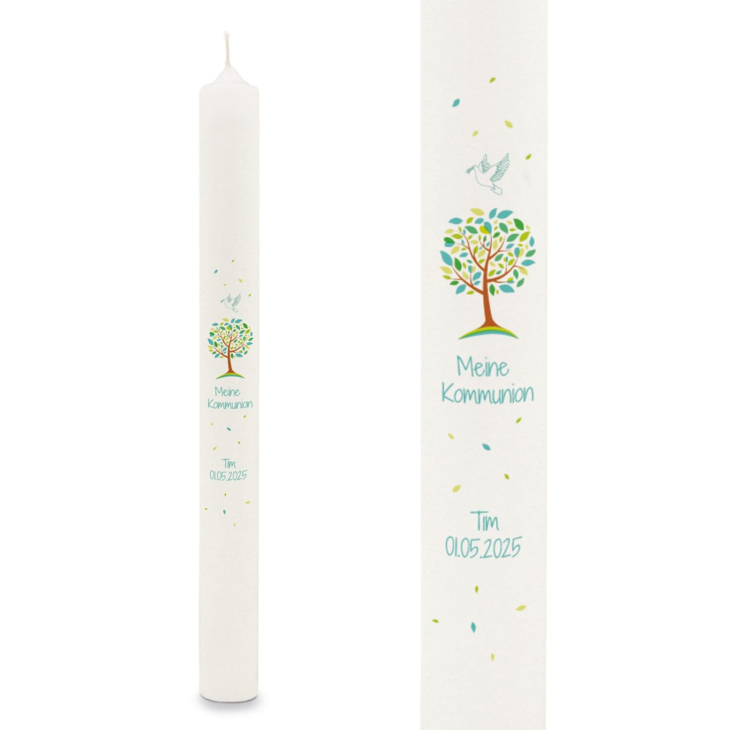GRAVURZEILE Bedruckte Stabkerze - Lebensbaum - Personalisiert mit Name & Datum - Geschenk zur Taufe, Kommunion oder Konfirmation - Für Jungen & Mädchen - Altarkerze 400/40 mm - Farbe: Grün