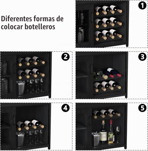 Miniatura 7 de Garvee Botellero Industrial Con Estante Ajustable Para Vino Y Soporte Para Copas, Armario Para Bebidas Para Cocina, Comedor, Salón, 70x35x92 Cm, Negro