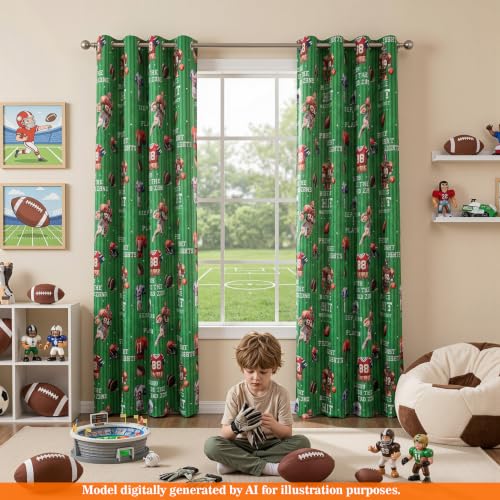 Image of MYSKY HOME Patterned Blackout Curtains 96 Inch Long 2 Panels Set Rugby Football Sports Game Printed Grommet Drapes for Teen Boys Girls Kids Bedroom Playroom Decor, Each Panel 52 inch Wide, Green