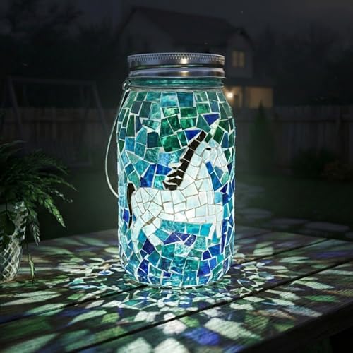 7.5" Large Mosaic Solar Lantern Outdoor: Gradient Emerald Azure Stained