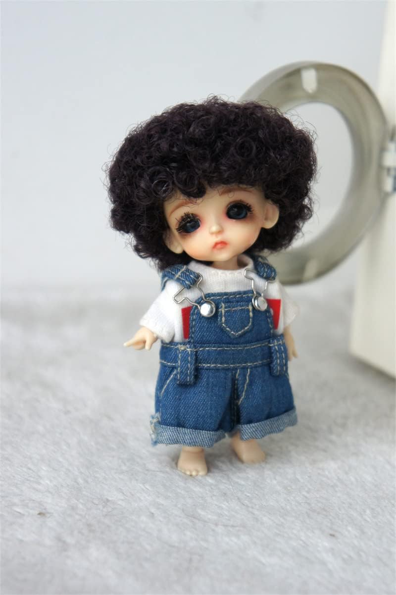 Tiny Doll Wigs JD713 3-4inch 9-10CM Short Afro Tight Curly Synthetic Mohair Lati White BJD Hair (Nature Black SM155)
