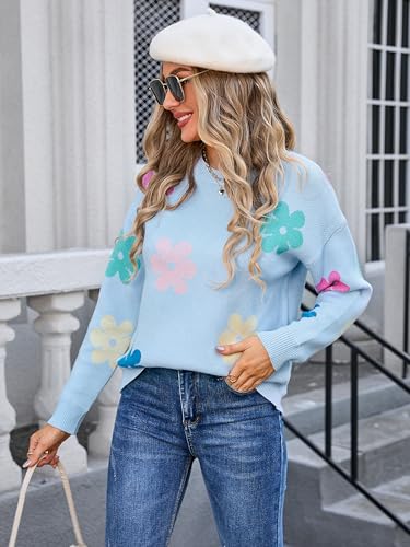 Image of Angashion Sweaters for Women 2025 Crewneck Fashion Printed Flowers: Long Sleeve Ribbed Pullover Sweaters Jumper Light Fuzzy Soft Blue Large