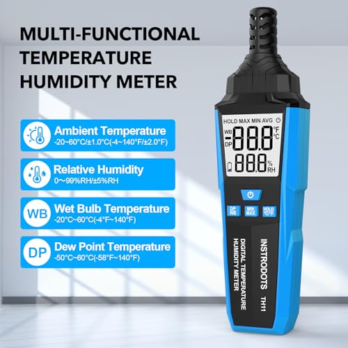 Image of Temperature Humidity Meter, High Precision Digital Hygrometer with Ambient, Dew Point, Wet Bulb Temperature for Indoor Outdoor, Thermometer with Min /Max, Data Hold, LCD Backlight, TH11