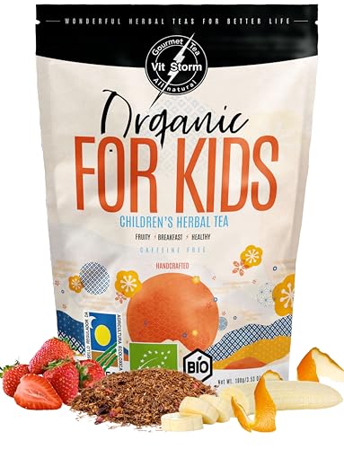 VITSTORM® Té Infantil Ecológico - Infusion Digestiva y Relajante para Dormir Sin Teina – Te Frutos Rojos - Rooibos, Manzanilla, Hinojo, Melisa, Fresa, Grosella, Arándanos - Infusiones a granel, 100g