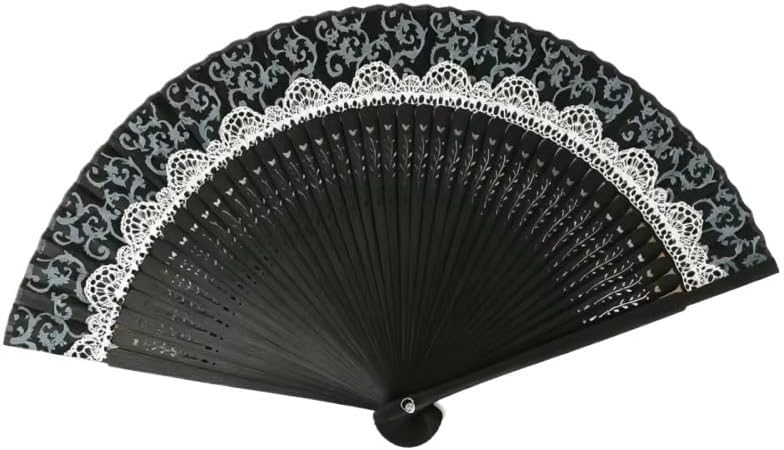 Black Hand Fan with Lace Trim Vintage Folding for Party Wedding Daily Use