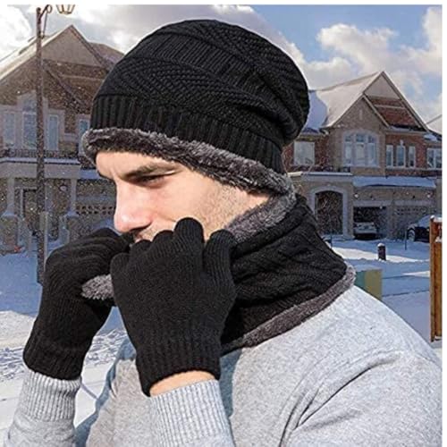 Image of Winter Knit Beanie, Hat, Neck Warmer Scarf and Woolen Gloves Set - Skull Cap for Men & Women (3 Piece)