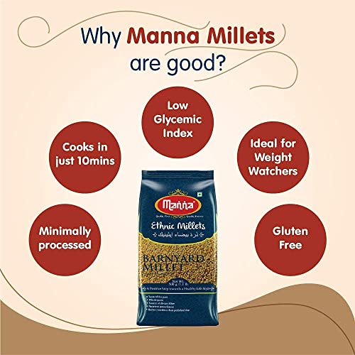 Image of Manna Barnyard Millet Natural Grains, 1.5kg (500g x 3 Packs) - (Khira /Swank /Kuthiraivally /Udalu /Kodisama. Native Low GI Millet Rice | High Protein & 100% more fibre than rice