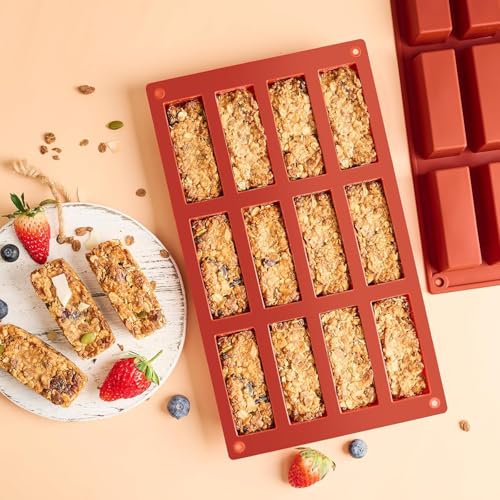 Image of Moldberry Silicone Protein Bar Mold - 12 Cavity Medium Narrow Rectangle Energy Bar Maker for Caramel, Muffins, Brownies, Cornbread, Cheesecake, Soap, Butter - Non-Stick Bakeware Mould (1 Pack)