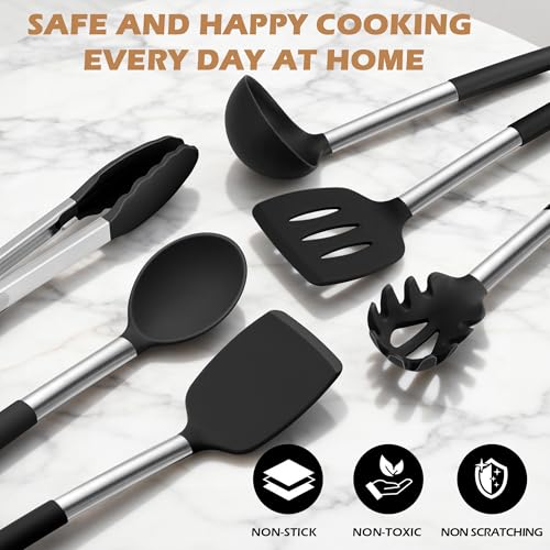 Joyfair 6 Pieces Kitchen Utensils Set, Silicone with Stainless Steel Core Cooking Utensils Set, Black Gadgets Tools Include Spatula Turner Spoon, Non Toxic &Non-Stick, Heat Resistant & Dishwasher Safe - Image 6