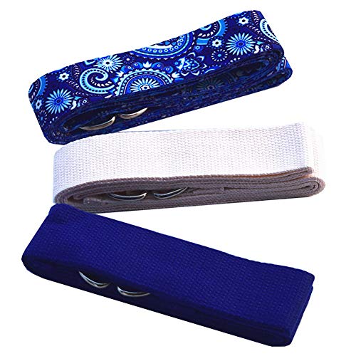 Aoile Lot de 3 ceintures de yoga avec anneaux en D colorés et réglables - Pour le yoga, le fitness, le yoga, le sport - Bleu Cover
