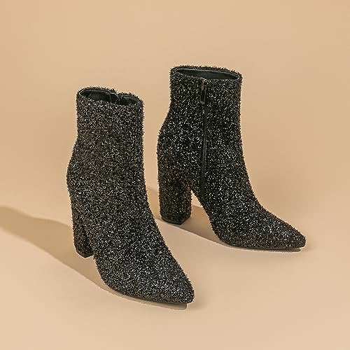 Amoji Women 4 Inch Rhinestone Heeled Boots Pointed Toe Chunky Boot With Zipper4