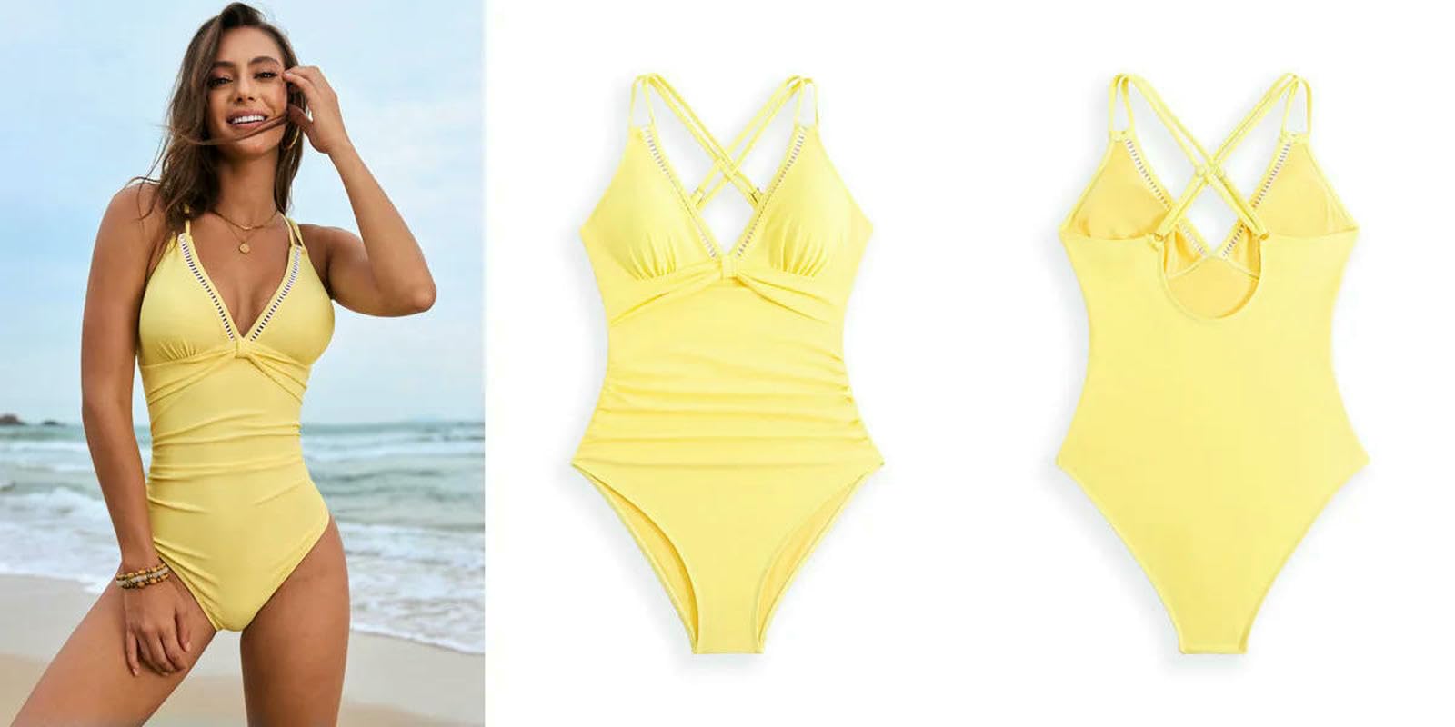 Costume Intero in Poliammide ed Elastan | Vacanza in piscina sulla spiaggia multicolore S-XXL: costume intero con scollo a V increspato