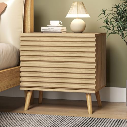Image of BREEZEHEAT Fluted Dresser and Nightstand Sets 3 Piece-23 inch Wide End Table Set-Mid Century Modern Wood Bedside Table with 2 Large Drawers, Accent Side Table for Bedroom, Living Room, Natural Oak