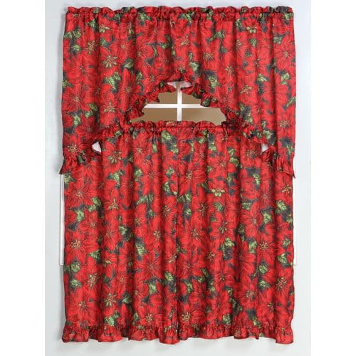 Kashi Home 3 Piece Christmas Decorative Kitchen Curtain Set, Ruffled Swag Valance & Tiers, Holiday Window Decor (Red Poinsettia)