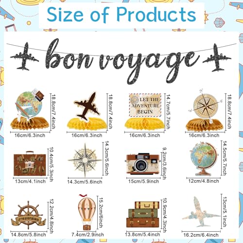Image of Bon Voyage Party Decorations - 13PCS Travel Themed Party Decorations Glitter Bon Voyage Banner Hanging Swirls Let the Adventure Begin Honeycomb Centerpieces Decor Going Away Party Supplies