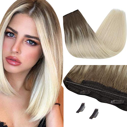 Sunny 12inch Blonde Balayage Halo Hair Extensions with Hidden Fish Wire Blonde Halo Extensions Real Human Hair 80g/Pack