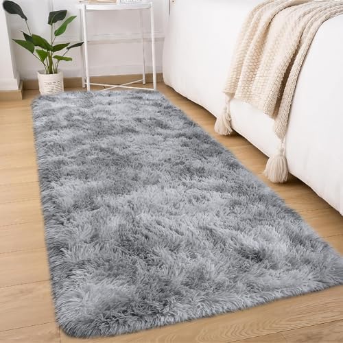Treeboy Modern Grey Area Rug 80x160cm - Washable Anti-Slip Extra Large Shaggy Soft Carpet Mat for Living Room, Bedroom, Kids - Fluffy Floor Mat