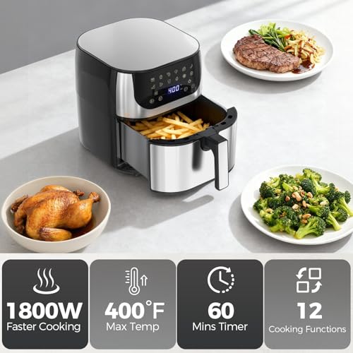 Image of OLIXIS 8.5Qt Air Fryer, 12-In-1 Large Air Fryer for Family, 400F Rapid Air Crispy Technology, Roast Bake Dehydrate Reheat, Nonstick & Easy-Clean Basket, 1800W, Silver