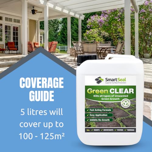 SmartSeal Green Clear Concentrate – Fast-Acting Mould, Lichen & Algae Remover – Easy to Apply Outdoor Cleaner for Roofs, Driveways, Patios & Paths – Kills Organic Green Growth (5L)