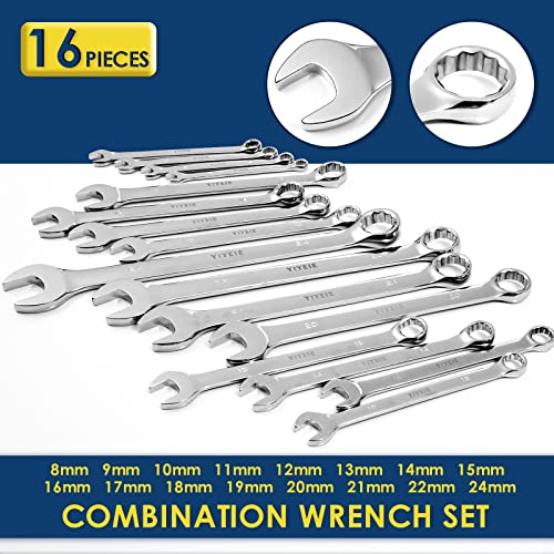 Yiyeie 16 Pcs Metric Combination Wrench Set, 8, 9, 10, 11, 12, 13, 14, 15, 16, 17, 18, 19, 20, 21, 22, 24Mm, Max Torque, 12 Point, Cr-V Steel, Combo Wrench Set With Roll-Up Pouch #TOP1