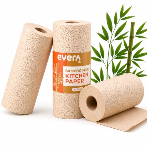 Image of Bamboo Kitchen Tissue Paper Rolls | 3 Rolls, 240 Pulls (80 Pulls per roll) | 2 Ply | Unbleached Kitchen Towel | Highly Absorbent Kitchen Tissue | Food Safe Kitchen Cleaning | Eco Friendly