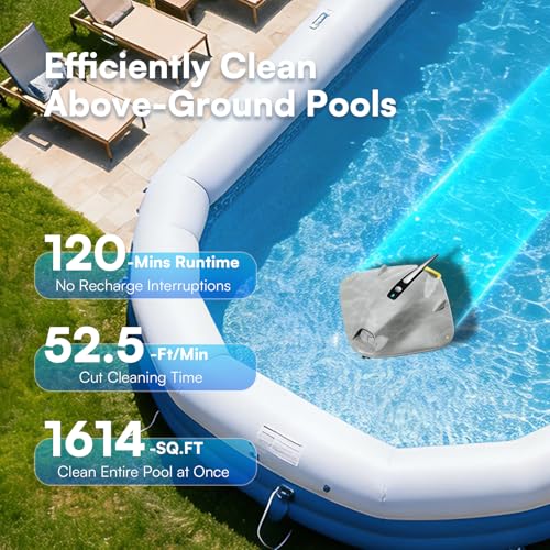 Image of PoolMr Cordless Robotic Pool Cleaner - Above Ground Pool Vacuum Robot - 40W Strong Suction, Dual Cleaning System, Barrier Crossing, 120-Min Runtime Up to 1614 Sq for Above Ground Pools, Grayish White