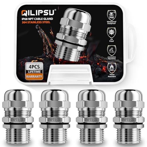 QILIPSU 4pcs 1/2" NPT 304 Stainless Steel Cable Gland Waterproof IP68 Metal Strain Relief Cord Grip Long Thread Cable Pass Through Wire Connector