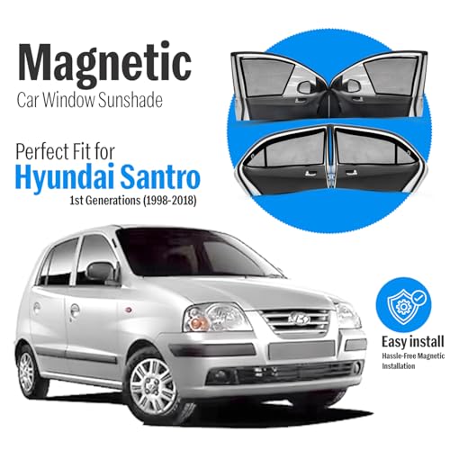 Image of Autofact Magnetic Car Sunshades Compatible with Hyundai Santro Xing (2003 to 2018) (Set of 4) - Easy Installation, UV Protection (Front 2 Half-Cut for Side Mirror Visibility, Rear 2 with Zippers)