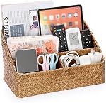 BTSKY Office Desk Organizer Natural Seagrass Desk Organizer with 4 compartments, Handmade Woven Wicker Mail Sorters, Office Supply Caddy Accessories Holder Organizer for School, Home, Office Supplies