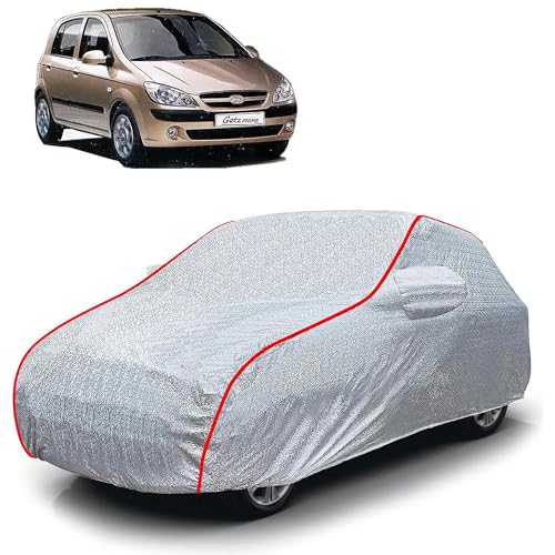Image of Sulfar 100% Waterproof Car Body Cover Compatible with Mirror for Hyundai Getz Prime (Triple Stitched, Full Bottom Elastic, Magic Silver with Red Piping)