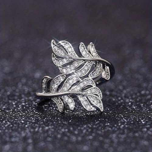 White Gold Plated Cubic Zirconia Elegant Luxury Leaf Statement Ring Personalized Accessory Ideal for Women's Daily Casual Wear Party Holiday Anniversary Love Jewelry Gift2