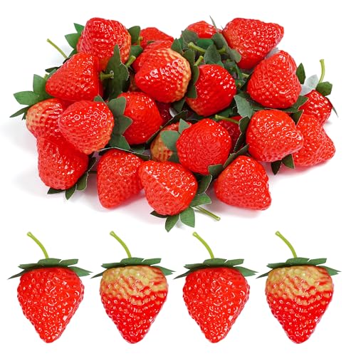jiebor 40Pcs Fake Strawberries Artificial Plastic Faux Fruit for Kitchen Home Market Display Party Decoration Photography Props