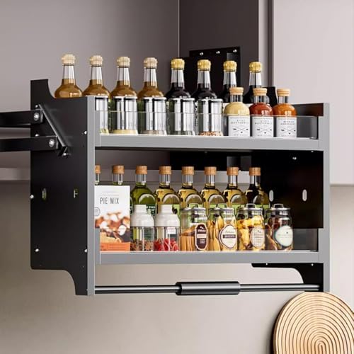 Adjustable Pull Down Cabinet Shelving System for Kitchen Storage – Versatile Upper Shelf Organizer for Home, Bar, or Café Use, Maximizing Space and Efficiency