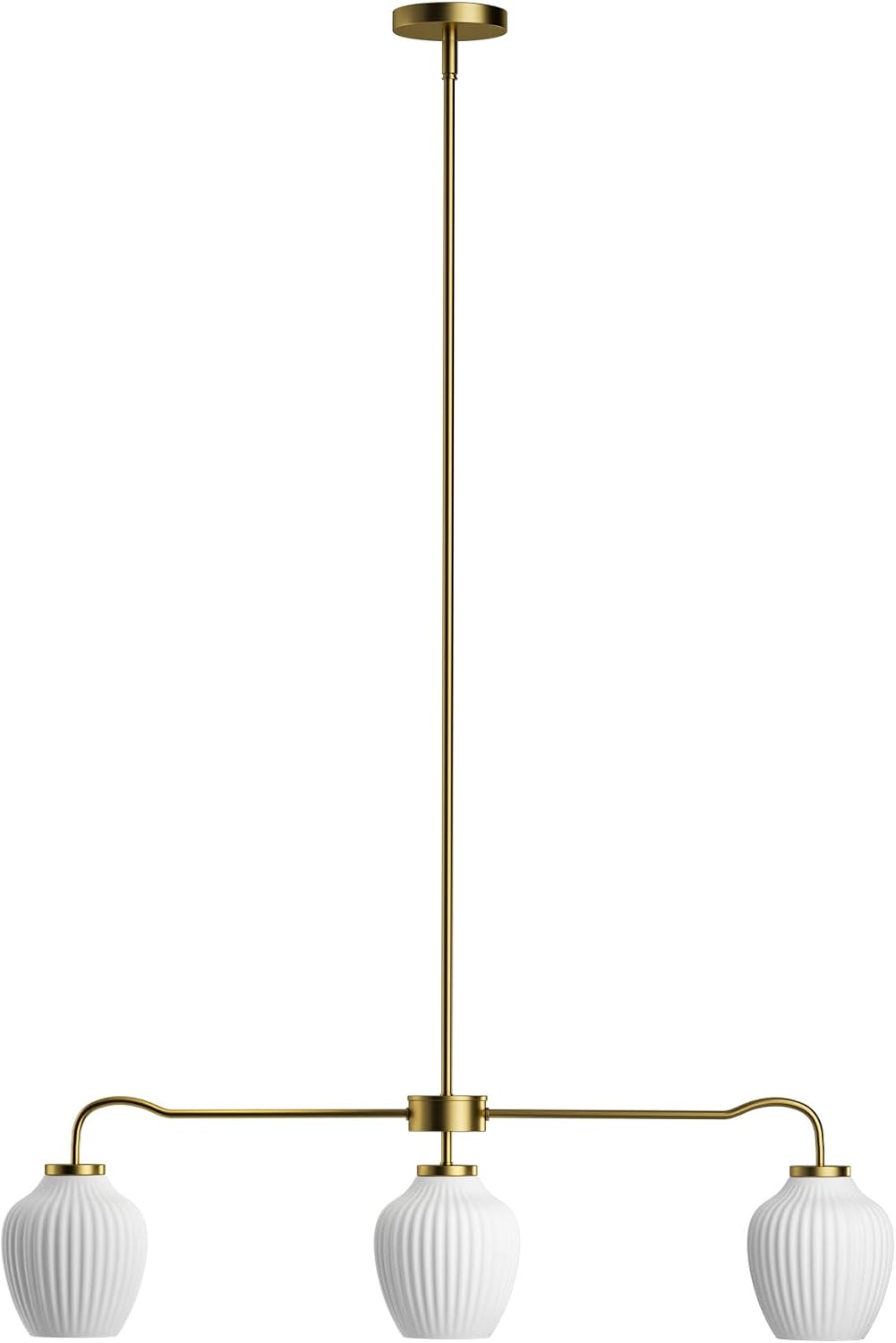 Maxax 36" Modern Gold Chandelier, 3-Light Linear Pendant Light with Ribbed White Glass Shades, Mid Century Brass Hanging Light Fixture for Kitchen Island, Dining Room, Living Room, Bedroom