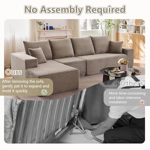 Image of 135 inch Cloud Sectional Couch with L-Shape Chaise, Modern Modular Comfy Sofa with Deep Seat, Upholstered Corduroy Couches Sleeper Chaise Longue for Living Room Bedroom, No Assembly Required, Camel